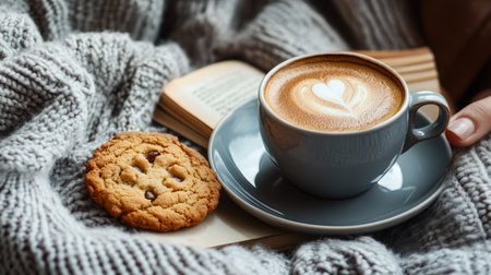 A close-up of a person enjoying a coffee with a cookie on a plate, surrounded by soft blankets and a comfortable settingの素材