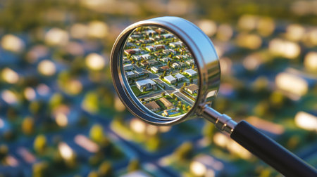 A close-up of a magnifying glass over a neighborhood map, representing the search for a homeの素材