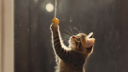 A cat eagerly pawing at a toy hanging from a string, its tail flicking in excitement, as the toy swings just out of reach.の素材