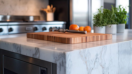 A close-up of a marble kitchen island with stainless steel appliances and a cutting boardの素材