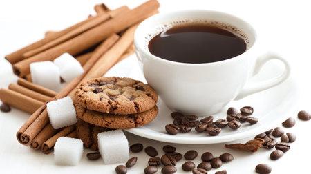 A beautifully arranged coffee and cookie set with a saucer, surrounded by cinnamon sticks and sugar cubesの素材