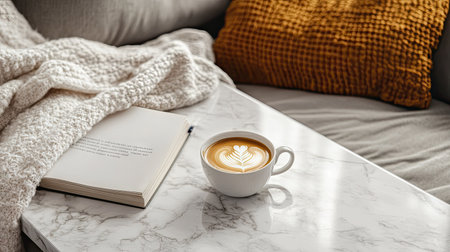 A close-up of a marble coffee table with a cup of coffee and a book on a cozy sofaの素材