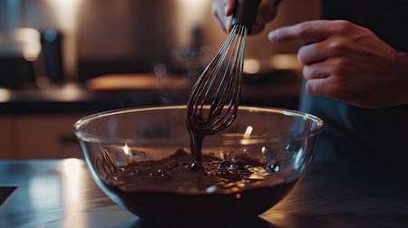 A close-up of a person's hands whisking melted chocolate in a glass bowl, with a modern kitchen in the backgroundの素材