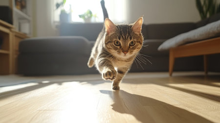 A cat playfully pouncing on a small toy, its ears perked up and its tail in mid-air, captured in a bright, modern living room.の素材