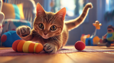 A cat playfully grabbing a toy with its paws, its tail flicking in motion, while surrounded by toys in a warm living room.の素材