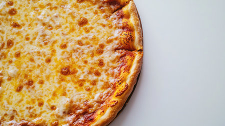 A cheese pizza with a shiny, golden crust, highlighted against a pure white backgroundの素材