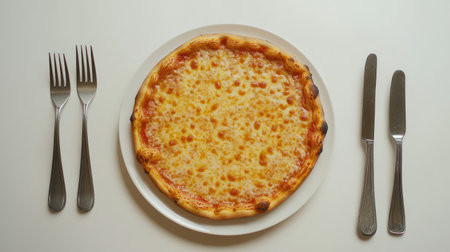 A cheese pizza with a perfectly melted top, surrounded by simple utensils on a white surfaceの素材