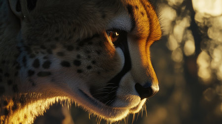 A stunning closeup of a cheetah, emphasizing its graceful coat and powerful expression, with natural lighting highlighting its features.の素材