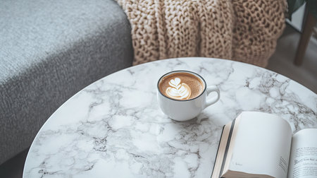 A close-up of a marble coffee table with a cup of coffee and a book on a cozy sofaの素材