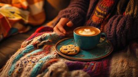 A close-up of a person enjoying a coffee with a cookie on a plate, surrounded by soft blankets and a comfortable settingの素材
