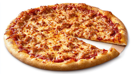 A cheese pizza with a single slice pulled out, showcasing stretchy cheese on a white backdropの素材