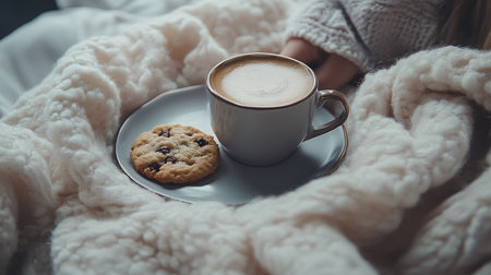 A close-up of a person enjoying a coffee with a cookie on a plate, surrounded by soft blankets and a comfortable settingの素材