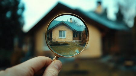 A close-up of a hand holding a magnifying glass over a house for sale advertisementの素材