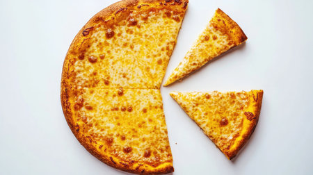 A cheese pizza cut into slices, with one slice slightly separated, photographed on a white backgroundの素材