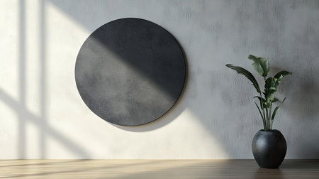 A clean and professional round signboard mockup on a plain white wall, ideal for modern designsの素材