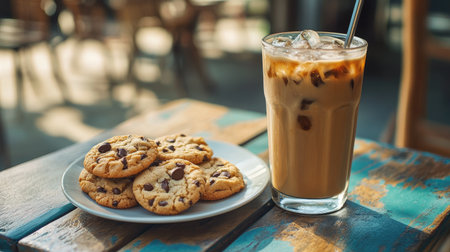 A close-up of an iced coffee next to a plate of warm cookies on a hot summer dayの素材