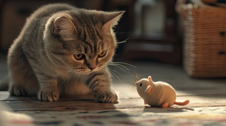 A cat enjoying playtime with a soft toy mouse, batting it around on the floor, with a playful and curious expression.の素材