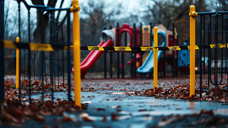 A child's playground closed off with yellow and black barricade tape during a cloudy dayの素材
