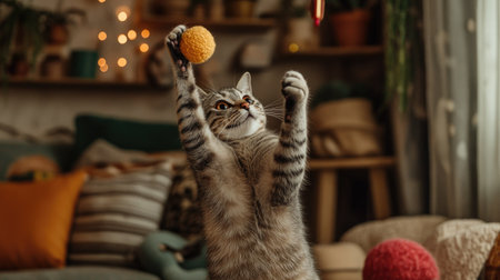 A cat happily playing with a soft toy, tossing it in the air with its paws, surrounded by toys and cozy home decor.の素材