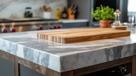 A close-up of a marble kitchen island with stainless steel appliances and a cutting boardの素材