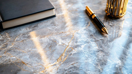 A close-up of a luxurious marble desk with a pen holder and an elegant notebookの素材
