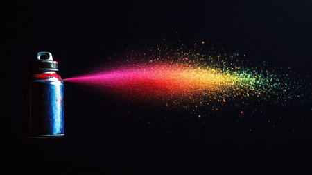 A single spray paint can isolated on a black background, with a vibrant jet of paint spraying forward.の素材