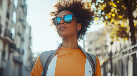 A stylish woman in sporty sunglasses and an athleisure outfit, walking confidently on an urban trail.の素材