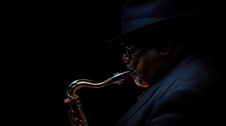 A silhouette of a saxophone player holding a glowing saxophone, illuminated by soft, moody lighting.の素材