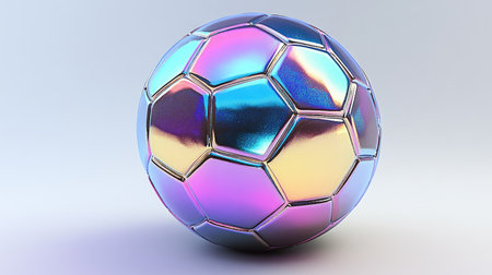 A shiny soccer ball with metallic accents and a holographic finish, highlighted on a white background.の素材