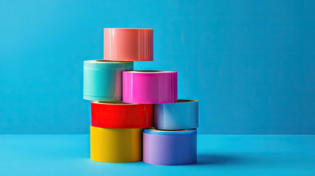 A side view of colorful self-adhesive tape rolls stacked in a tower, showcasing the vivid hues.の素材