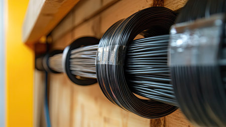 A side view of wire bundles insulated with black electrical tape, running along a cable conduit.の素材