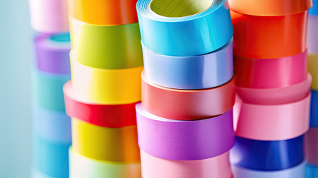 A side view of colorful self-adhesive tape rolls stacked in a tower, showcasing the vivid hues.の素材