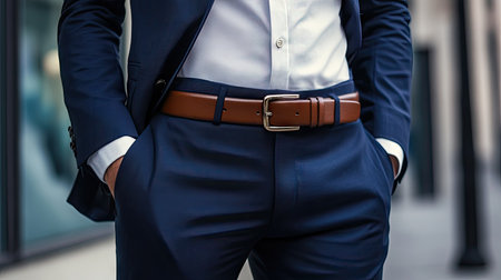 A stylish guy in a slim-fit suit with a brown belt, captured walking in an urban business district.の素材