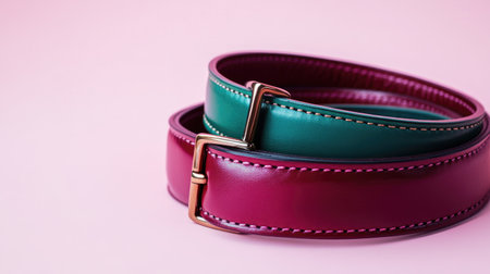 A shiny maroon leather belt coiled next to an emerald green belt on a pale pink background.の素材