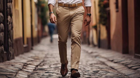 A trendy guy in tailored khakis, a button-up shirt, and a tan belt, walking confidently on a cobblestone street.の素材