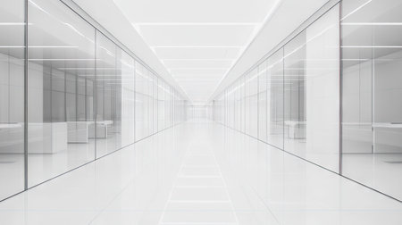 A spacious modern office with glass walls, bright lighting, and empty desks arranged neatly, isolated on a clean white floor.の素材