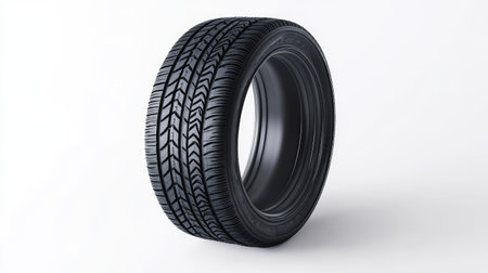 A single black car tire with a deep tread pattern, isolated against a plain background for clarity.の素材