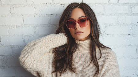 A sophisticated woman in rose-tinted sunglasses and a soft knit sweater, leaning against a white brick wall.の素材
