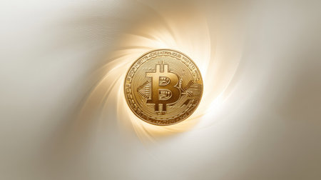 A single golden bitcoin coin placed in the center of a white background, reflecting light.の素材