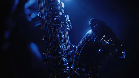 Close-up of a saxophone mouthpiece and keys, highlighted by dramatic lighting against a deep black background.の素材