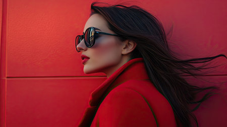 A striking profile shot of a woman in sleek sunglasses and a bold red coat, with her hair blowing in the wind.の素材