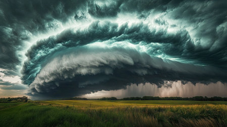 A stormy horizon with dense black clouds hovering above a serene countryside landscape.の素材