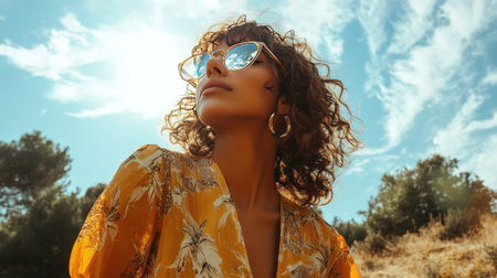 A stylish woman in transparent sunglasses and a boho-inspired outfit, enjoying a sunny day in the countryside.の素材