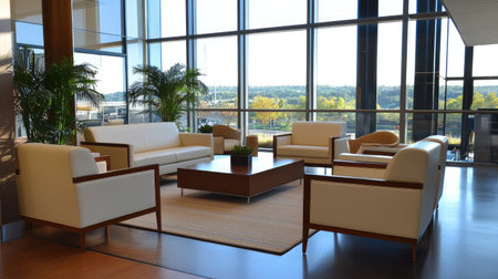 A spacious office lounge with contemporary furniture, a coffee table, and floor-to-ceiling windows letting in natural light.の素材