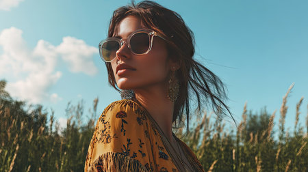 A stylish woman in transparent sunglasses and a boho-inspired outfit, enjoying a sunny day in the countryside.の素材