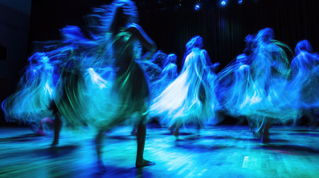 A shimmering glow of blue and green light bouncing and swirling in a hypnotic dance, isolated on a dark canvas.の素材
