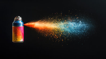 A single spray paint can isolated on a black background, with a vibrant jet of paint spraying forward.の素材