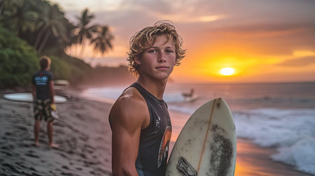 A young surfer on a beach with his surfboard in hand, the sun setting over the calm ocean in the background.の素材