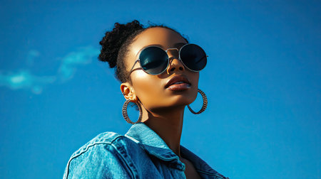 A stylish woman in round sunglasses and a denim jacket, posing under a bright blue sky.の素材