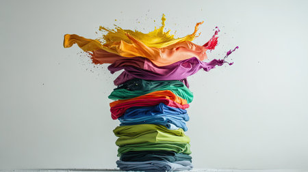 A stack of colorful t-shirts seemingly exploding into the air, captured mid-motion on a white background.の素材